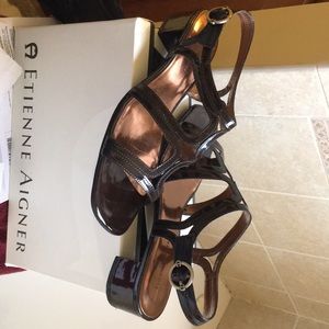 Low heel dark brown patent sandal